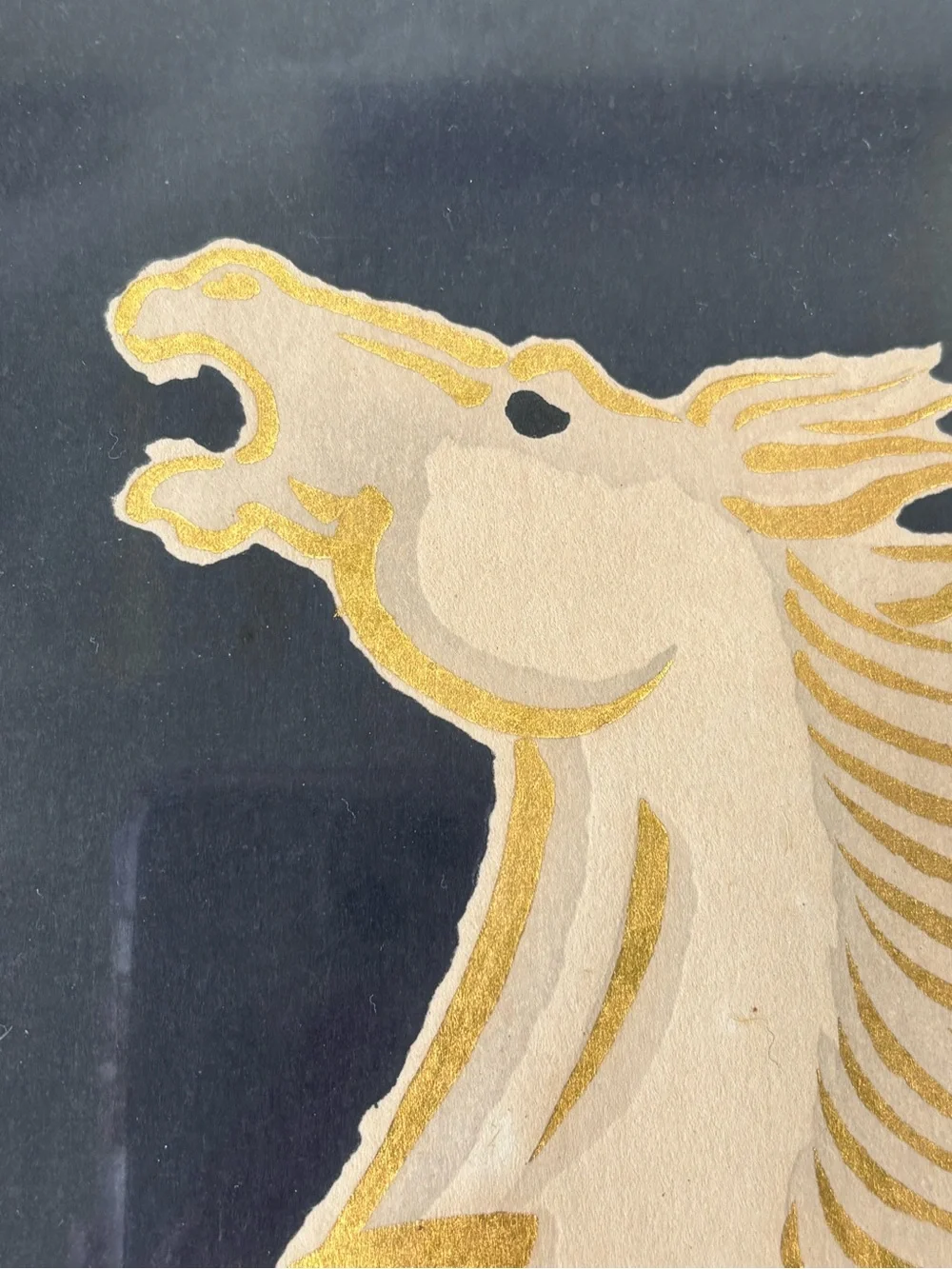 Nisaburo Ito Gold Horse Japanese Woodblock Print vintage MCM signed framed